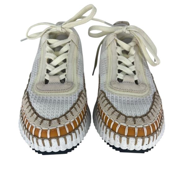 Chloe Nama Embroidered Suede And Recycled Mesh Sneakers in Soft White - Picture 8 of 15